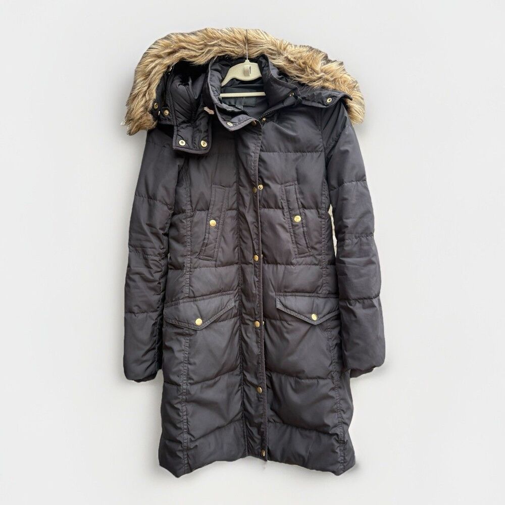 J. Crew Faux Fur Trim Winter Puffer Black Zip Button Hooded Jacket Coat Size XS
